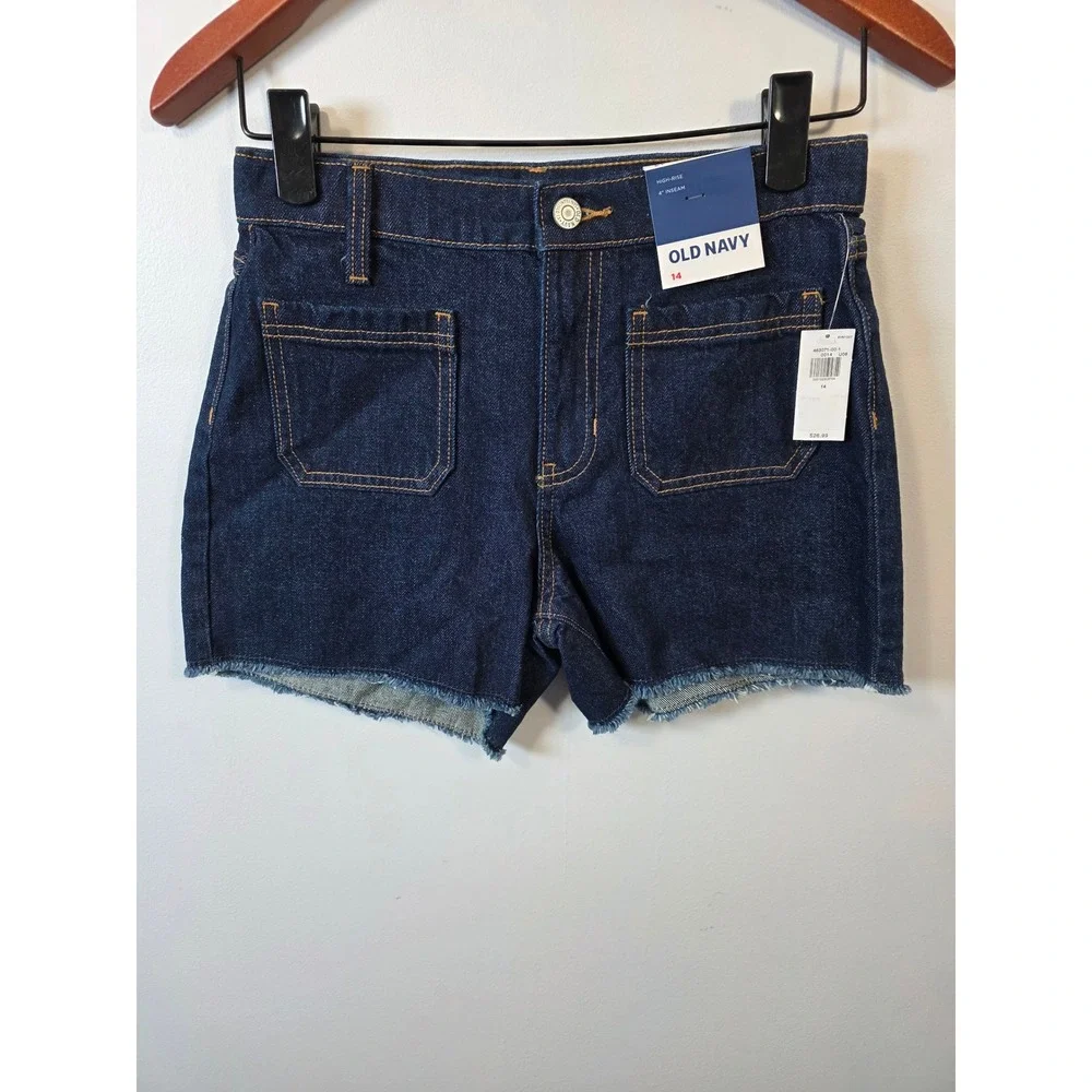 Old Navy Girls High Rise Dark Wash Denim Shorts Raw Hem Adjustable Waist 14 NWT